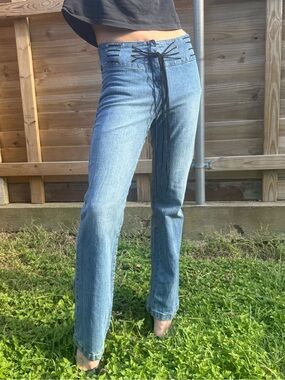 Lace-Up Light Blue Straight-Leg Women's Jeans